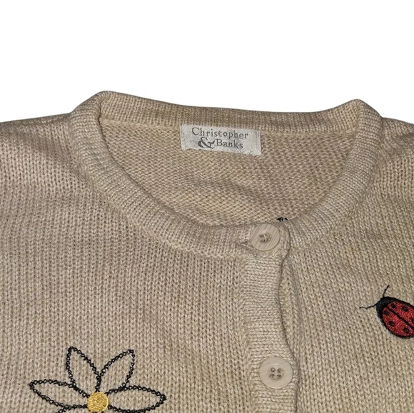 EUC Christopher and Banks Sz. M Oatmeal Color Lady Bugs and Flowers Sweater - Picture 3 of 9